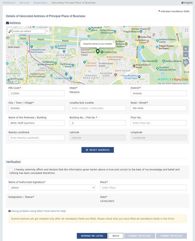 Geocoding of Address of Principal Place of Business